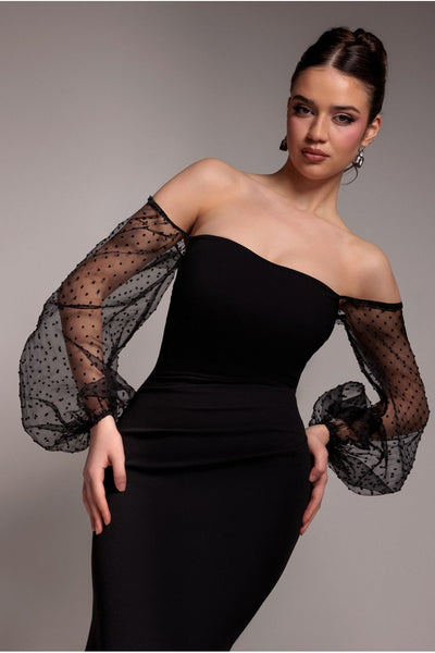 Goddiva Dobby Organza Bishop Sleeve Multiway Maxi Dress - Black