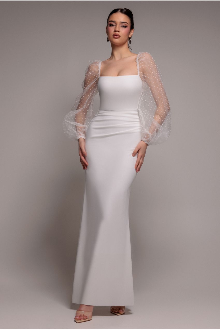 Goddiva Dobby Organza Bishop Sleeve Multiway Maxi Dress - White