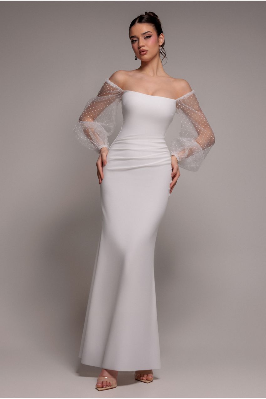 Goddiva Dobby Organza Bishop Sleeve Multiway Maxi Dress - White