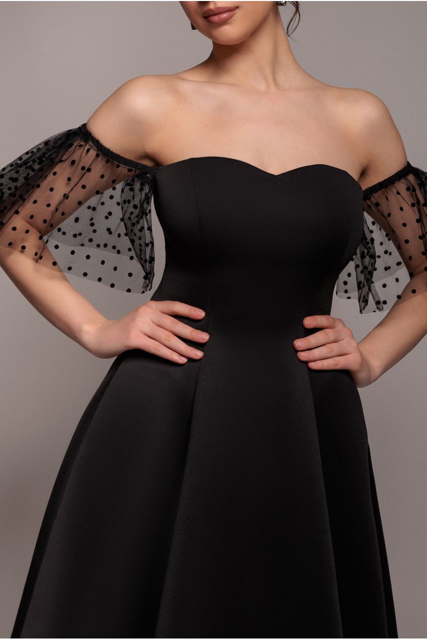 Goddiva Scuba & Polka Mesh Off The Shoulder Midi Dress - Black