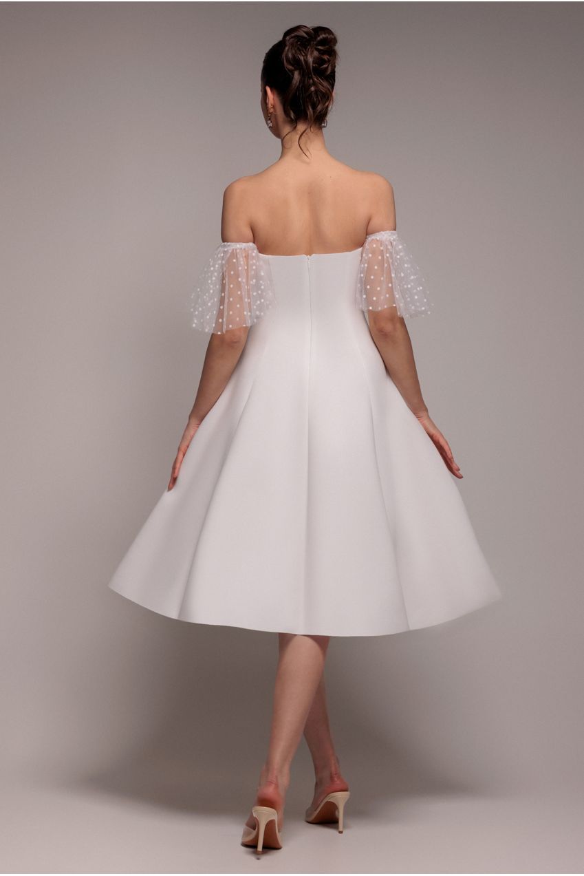 Goddiva Scuba & Polka Mesh Off The Shoulder Midi Dress - White