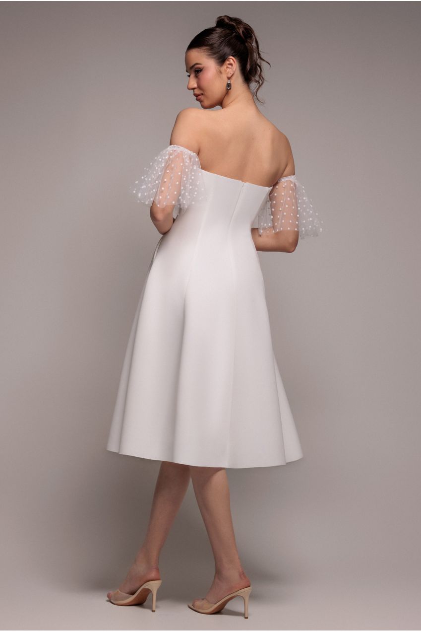 Goddiva Scuba & Polka Mesh Off The Shoulder Midi Dress - White