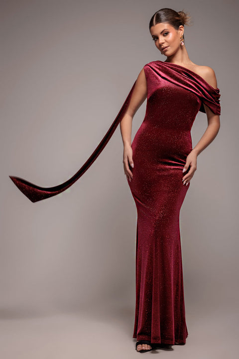 Goddiva Glitter Velvet Sash One Shoulder Bardot Maxi Dress - Wine