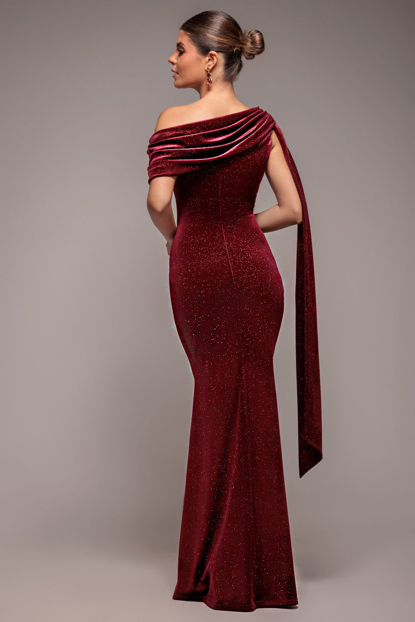 Goddiva Glitter Velvet Sash One Shoulder Bardot Maxi Dress - Wine