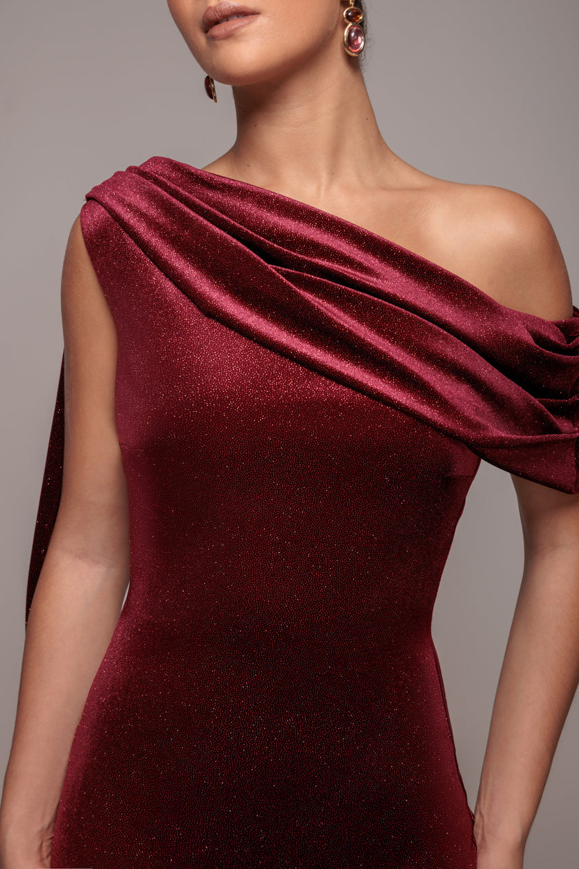 Goddiva Glitter Velvet Sash One Shoulder Bardot Maxi Dress - Wine