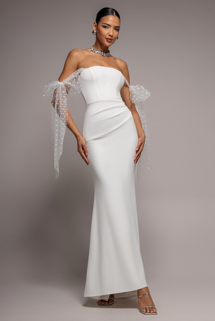 Goddiva Scuba & Polka Mesh Bella Bow Multiway Maxi Dress - White