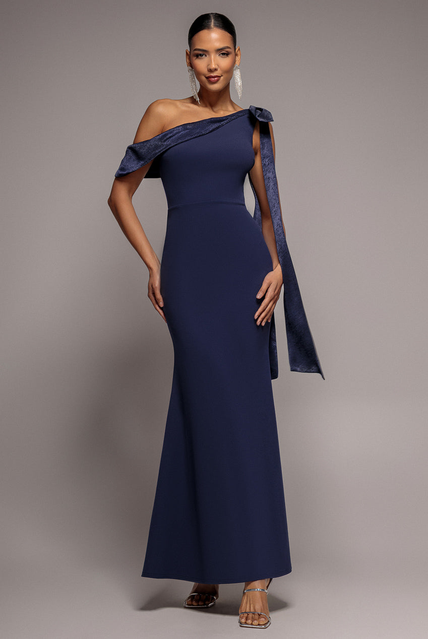 Goddiva One Shoulder Velvet Satin Bow Cape Maxi Dress - Navy Blue
