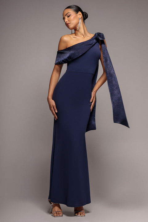 Goddiva One Shoulder Velvet Satin Bow Cape Maxi Dress - Navy Blue