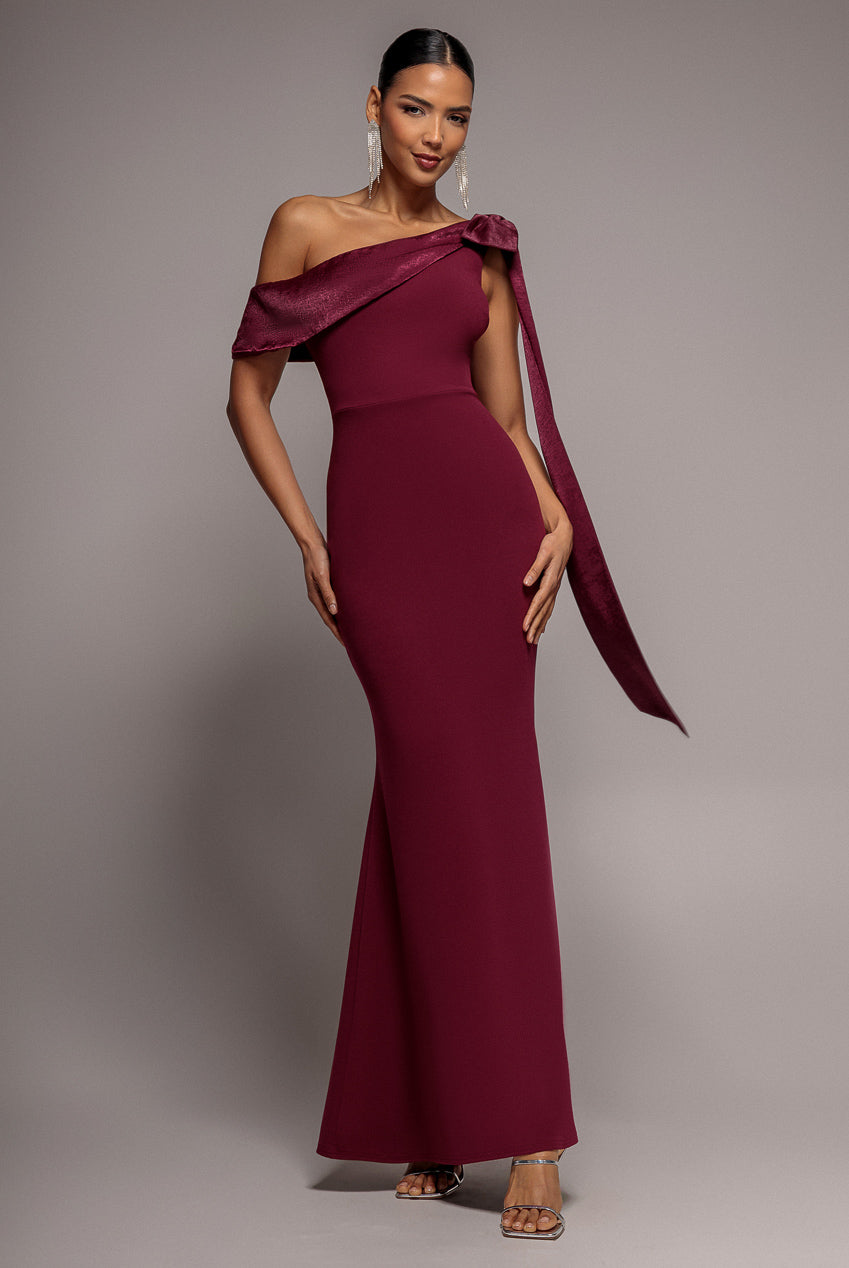 Goddiva One Shoulder Velvet Satin Bow Cape Maxi Dress - Burgundy