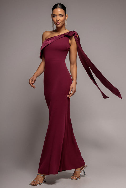 Goddiva One Shoulder Velvet Satin Bow Cape Maxi Dress - Burgundy