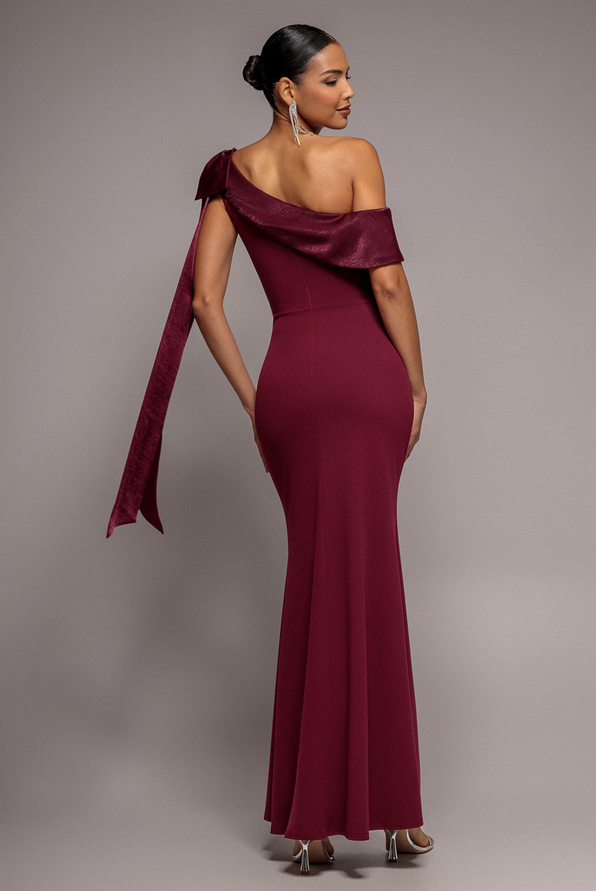 Goddiva One Shoulder Velvet Satin Bow Cape Maxi Dress - Burgundy