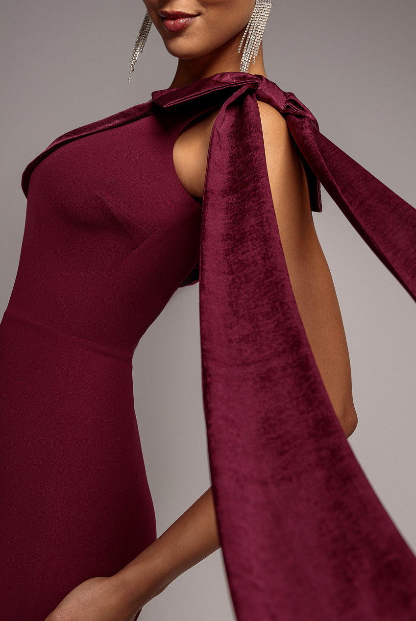 Goddiva One Shoulder Velvet Satin Bow Cape Maxi Dress - Burgundy