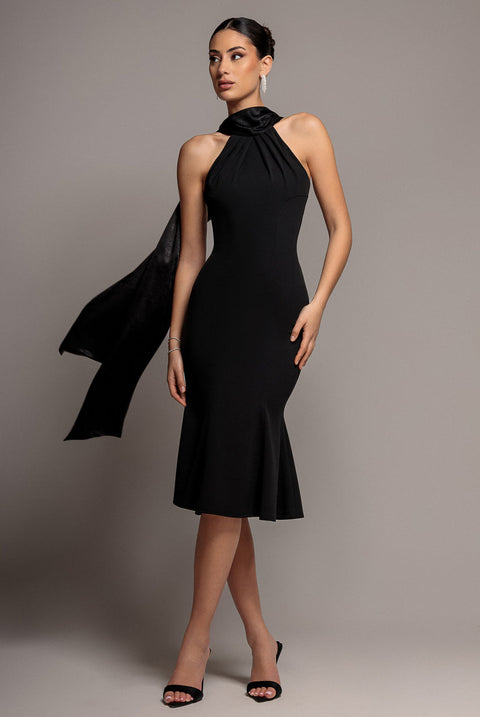 Goddiva Scuba & Velvet Satin Halterneck Midi Dress With Back Sash - Black