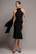Goddiva Scuba & Velvet Satin Halterneck Midi Dress With Back Sash - Black