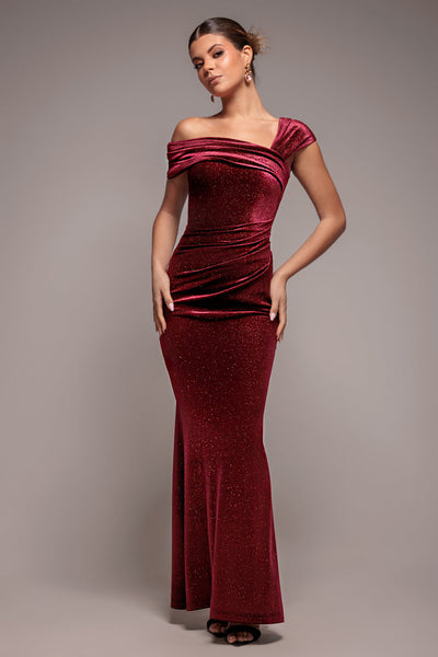 Wine - Goddiva Glitter Velvet One Shoulder Maxi Dress - Wine