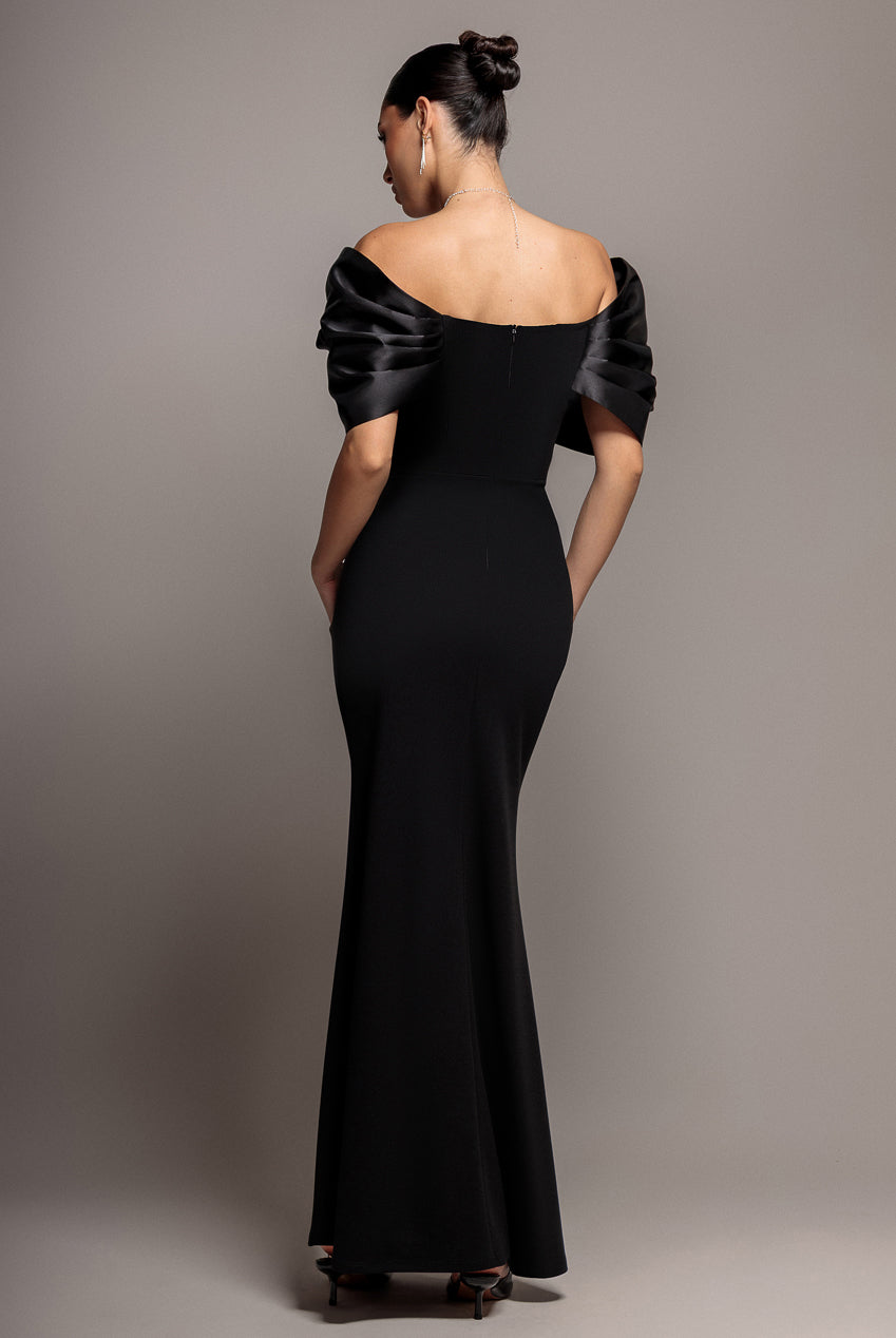 Goddiva Satin Plunge Neck Bardot Scuba Maxi Dress - Black