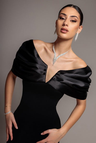 Black - Goddiva Satin Plunge Neck Bardot Scuba Maxi Dress - Black