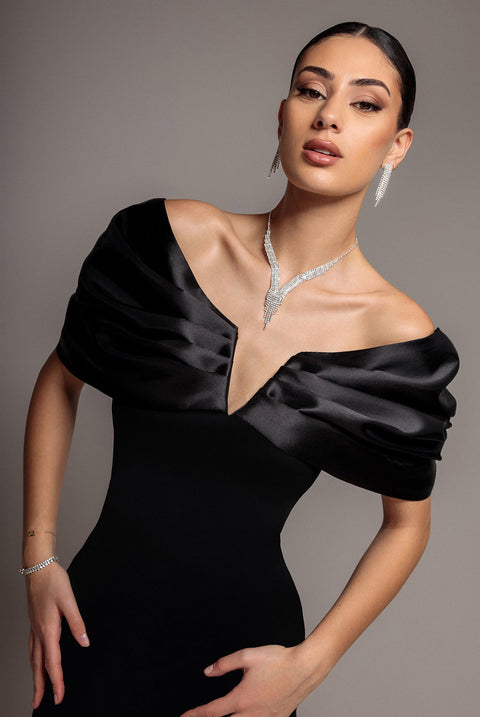 Goddiva Satin Plunge Neck Bardot Scuba Maxi Dress - Black