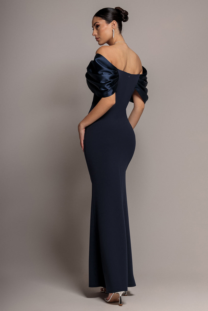 Goddiva Satin Plunge Neck Bardot Scuba Maxi Dress - Navy Blue