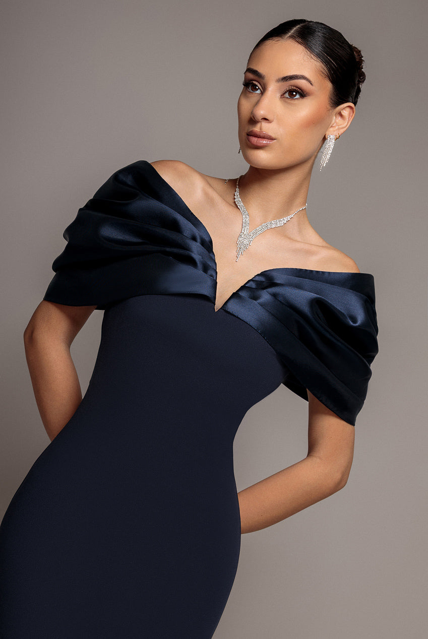 Goddiva Satin Plunge Neck Bardot Scuba Maxi Dress - Navy Blue