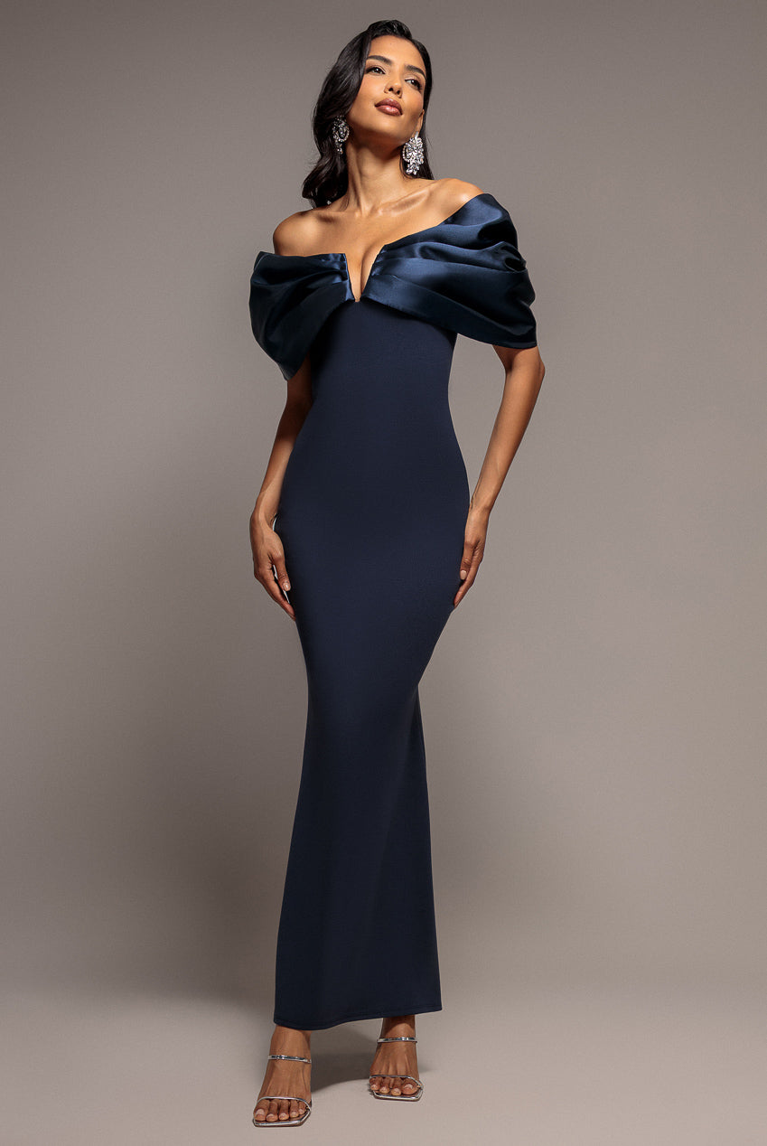 Goddiva Satin Plunge Neck Bardot Scuba Maxi Dress - Navy Blue