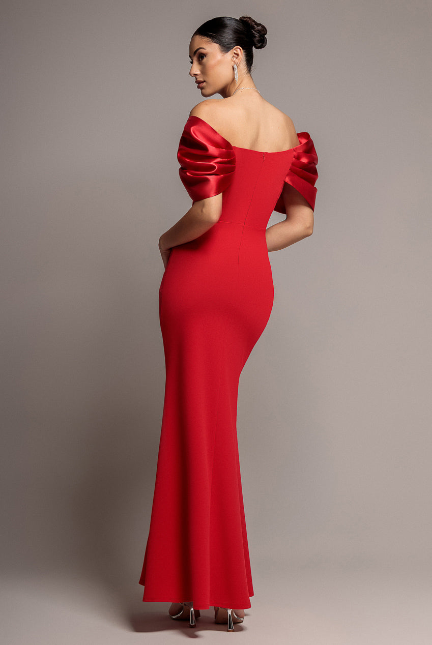 Goddiva Satin Plunge Neck Bardot Scuba Maxi Dress - Red
