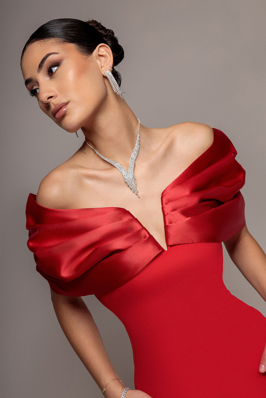 Goddiva Satin Plunge Neck Bardot Scuba Maxi Dress - Red