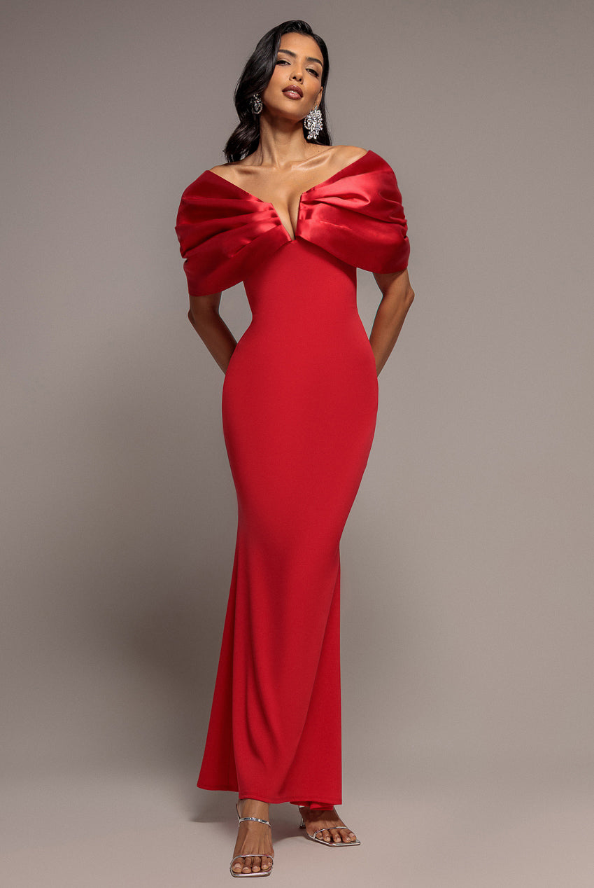 Satin Plunge Neck Bardot Scuba Maxi Dress - Red