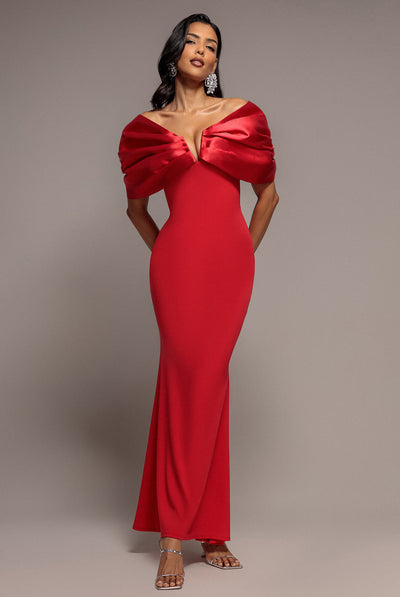 Red - Goddiva Satin Plunge Neck Bardot Scuba Maxi Dress - Red