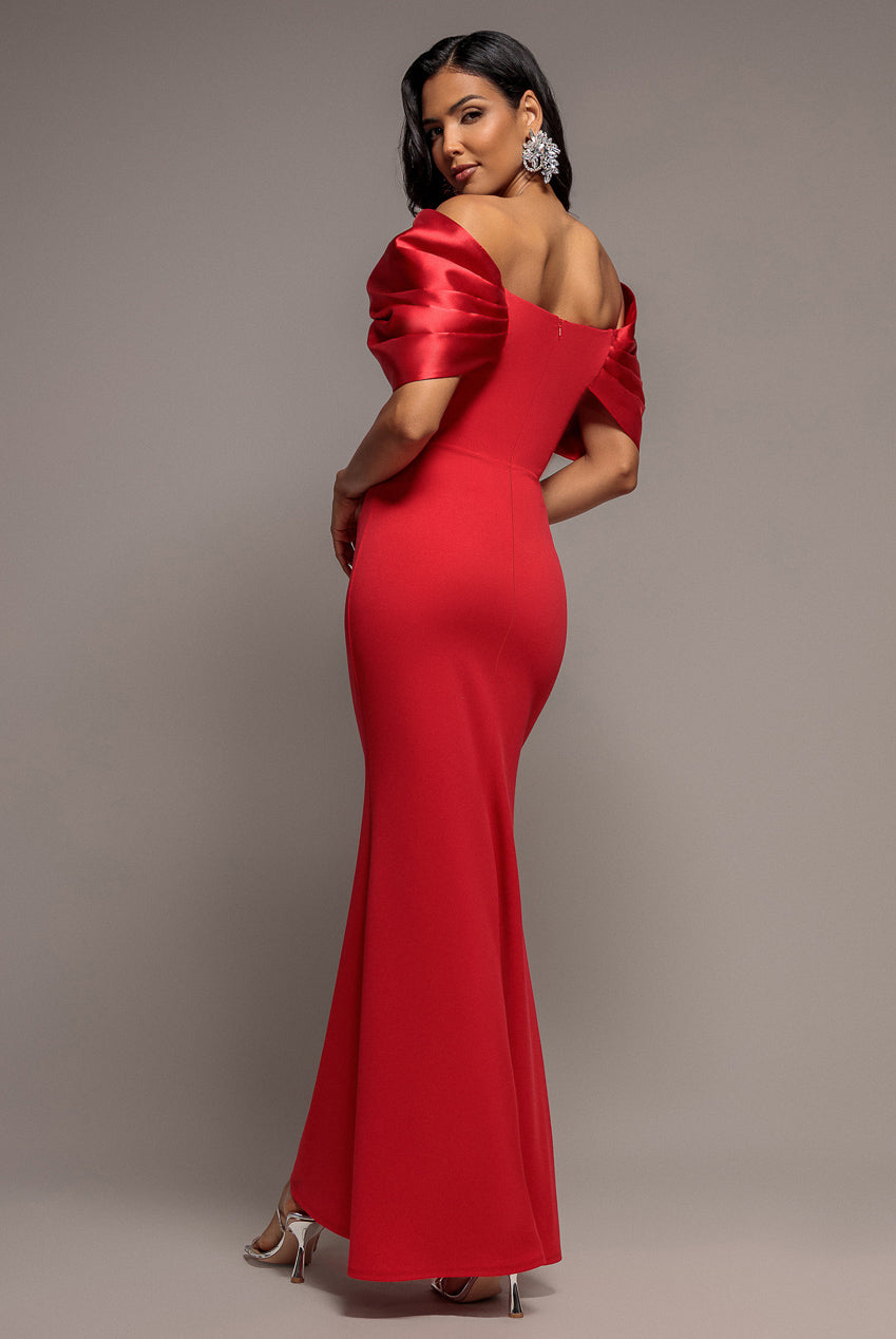 Goddiva Satin Plunge Neck Bardot Scuba Maxi Dress - Red