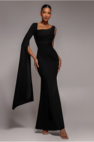 Goddiva One Shoulder Cape Sleeve Maxi Dress - Black