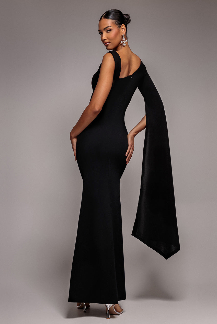 Goddiva One Shoulder Cape Sleeve Maxi Dress - Black