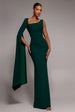 Goddiva One Shoulder Cape Sleeve Maxi Dress - Emerald Green