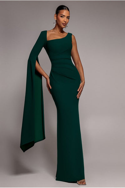 EmeraldGreen - Goddiva One Shoulder Cape Sleeve Maxi Dress - Emerald Green