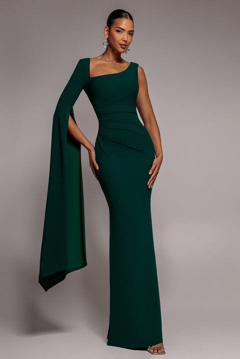 Goddiva One Shoulder Cape Sleeve Maxi Dress - Emerald Green