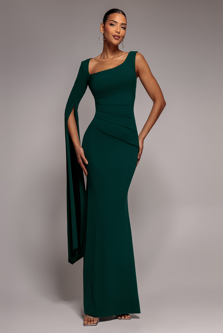 Goddiva One Shoulder Cape Sleeve Maxi Dress - Emerald Green