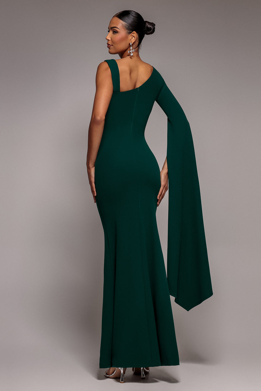Goddiva One Shoulder Cape Sleeve Maxi Dress - Emerald Green