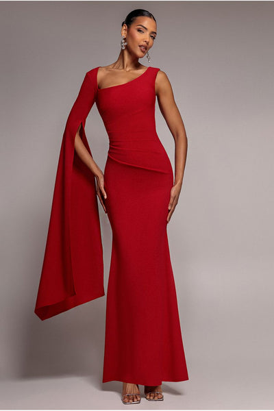 Red - Goddiva One Shoulder Cape Sleeve Maxi Dress - Red