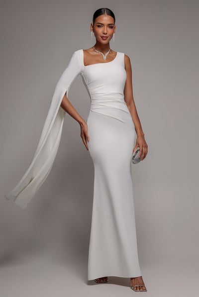 White - Goddiva One Shoulder Cape Sleeve Maxi Dress - White