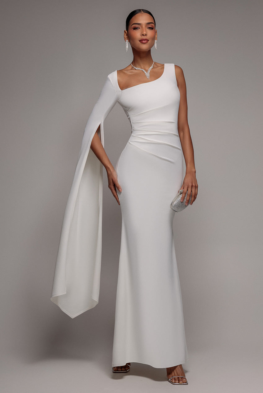 Goddiva One Shoulder Cape Sleeve Maxi Dress - White