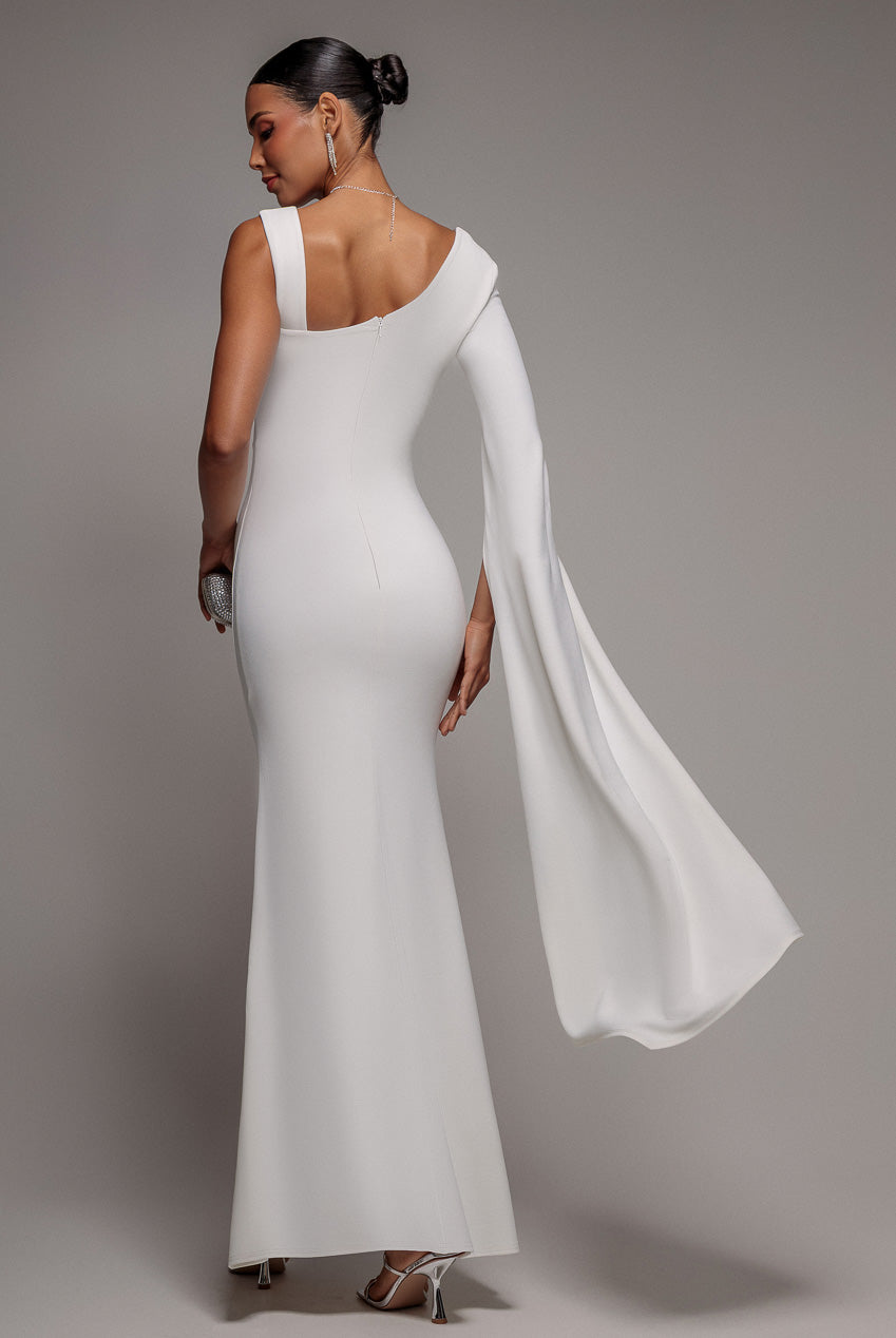 Goddiva One Shoulder Cape Sleeve Maxi Dress - White