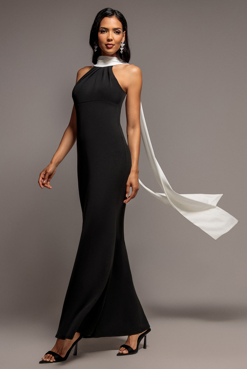 Goddiva Contrast Crepe Halterneck Maxi Dress With Sash - Black Cream