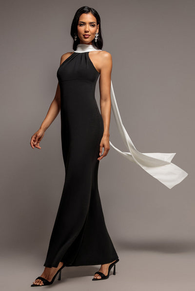 BlackCream - Goddiva Contrast Crepe Halterneck Maxi Dress With Sash - Black Cream