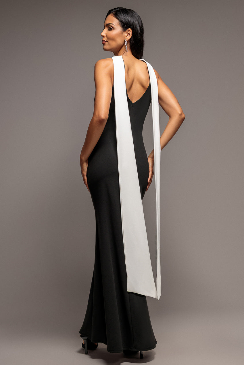 Goddiva Contrast Crepe Halterneck Maxi Dress With Sash - Black Cream