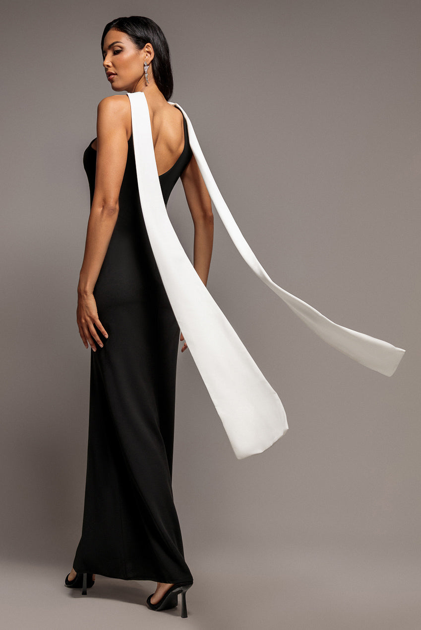Goddiva Contrast Crepe Halterneck Maxi Dress With Sash - Black Cream