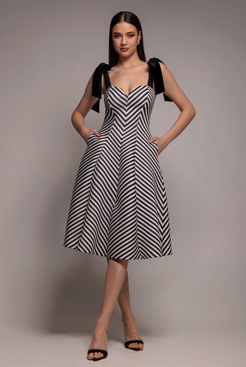 Goddiva Diagonal Stripe Velvet Bow A Line Midi Dress - Black White