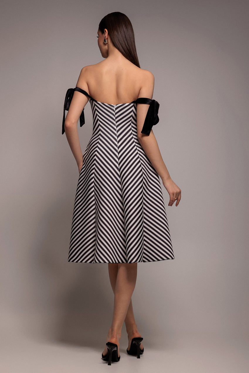 Goddiva Diagonal Stripe Velvet Bow A Line Midi Dress - Black White