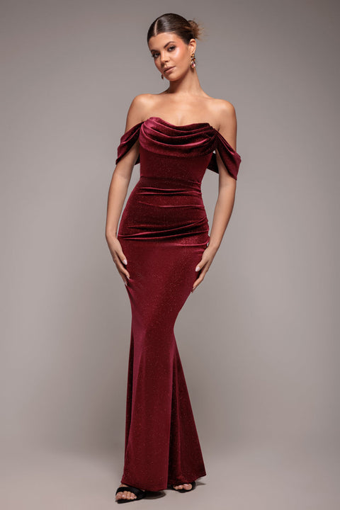 Goddiva Glitter Velvet Cowl Neck Pleated Waist Maxi Dress - Wine