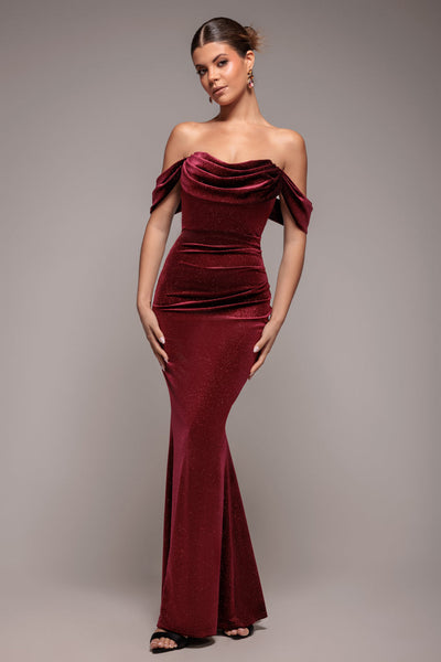 Wine - Goddiva Glitter Velvet Cowl Neck Pleated Waist Maxi Dress - Wine