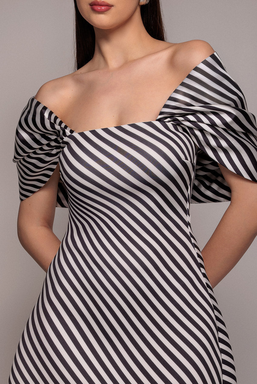 Goddiva Stripe Off Shoulder Bow Back Satin Bow Mini Dress - Black White